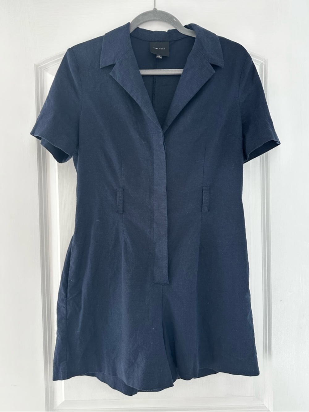 Alex Marie Navy Blue Collared Short Sleeve Romper Women's Size 4, Linen/Bamboo